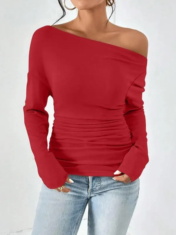 Women's Plain Ruched Asymmetrical Neck Drop Shoulder Tee
