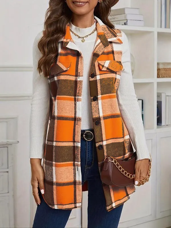 Women's Plaid Print Button Front Vest Coat