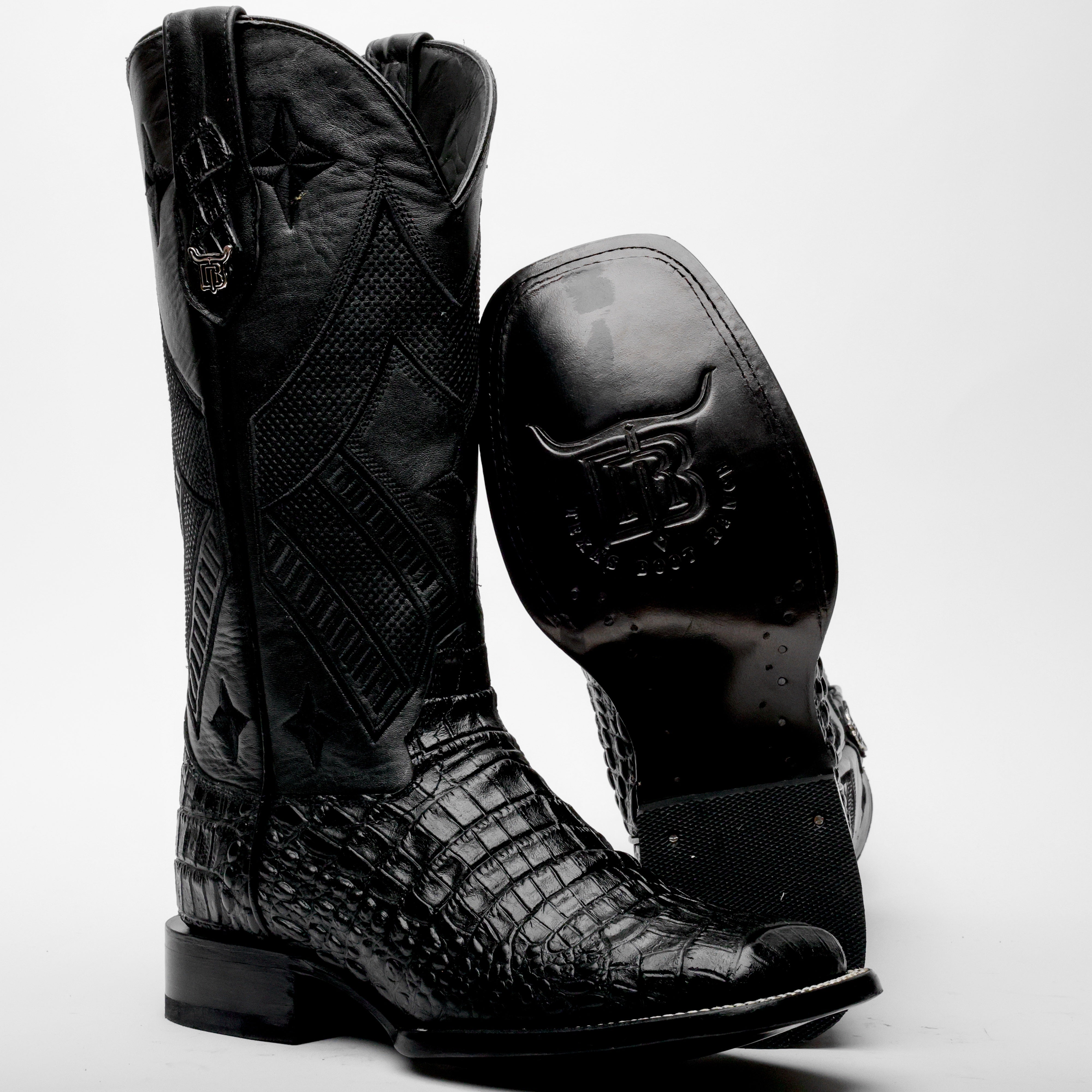 Total Black Caiman Belly Leather Boots - Square Toe