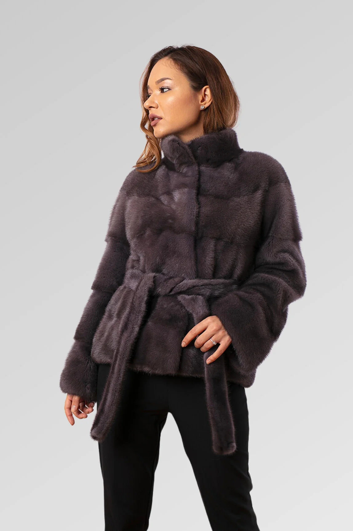 Haină din Blană Naturală de Vizon, cu Cordon, Femei, Graphite 190