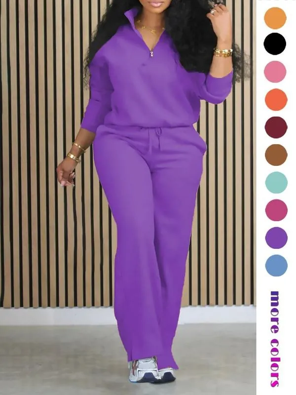 Women's Solid Half Placket Split Hem Pants Set