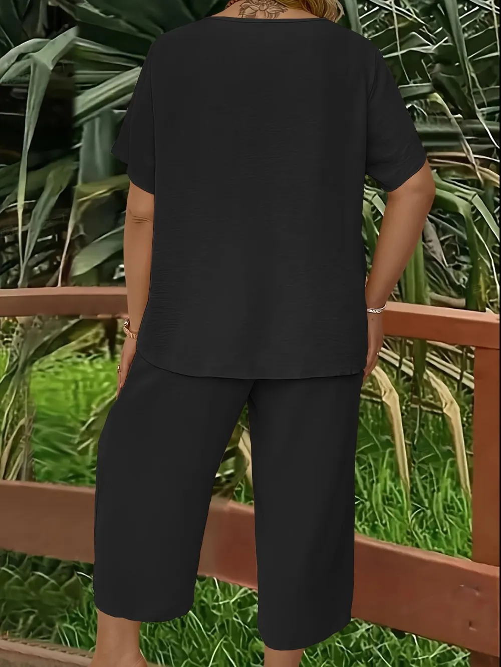 Women's Solid Color Short Sleeve Fashion Top & Casual Wide Leg Pants Set, Summer, Comfortable & Stylish