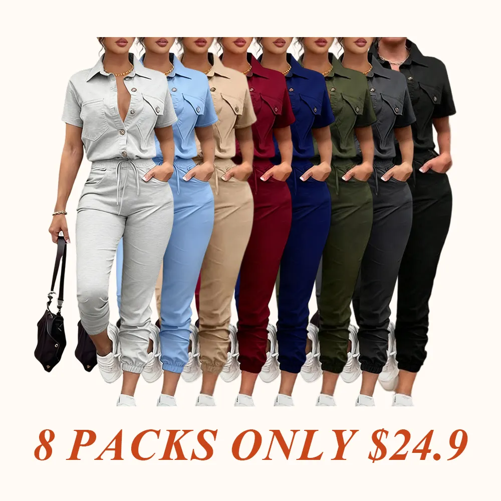 Women's Solid Button Front Pocket Jumpsuit, Casual Short Sleeve Jumpsuit for Daily Wear