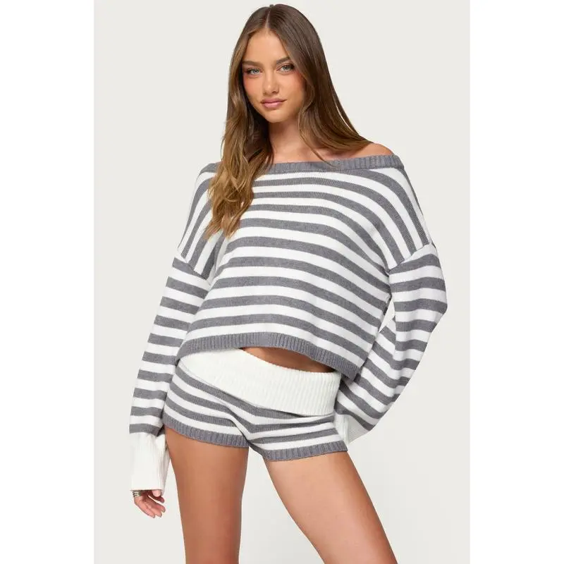 Women's StripedKnit Casual Sweater & Shorts Set