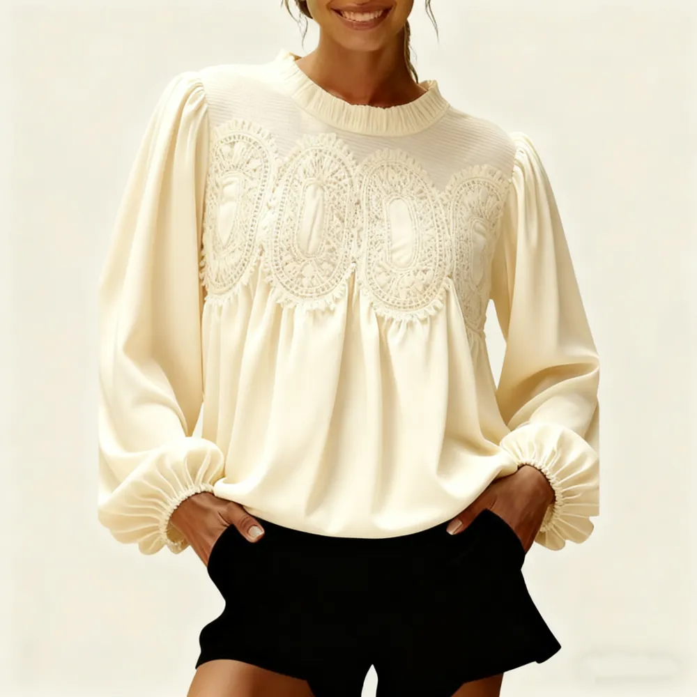 Women's Elegant Long-Sleeve Lace Velvet-Trim Swing Blouse