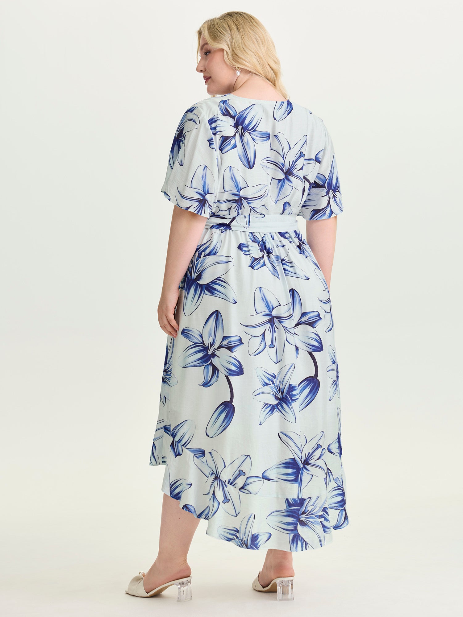 Large Floral Print Wrap Ruffled Hem Midi Dress