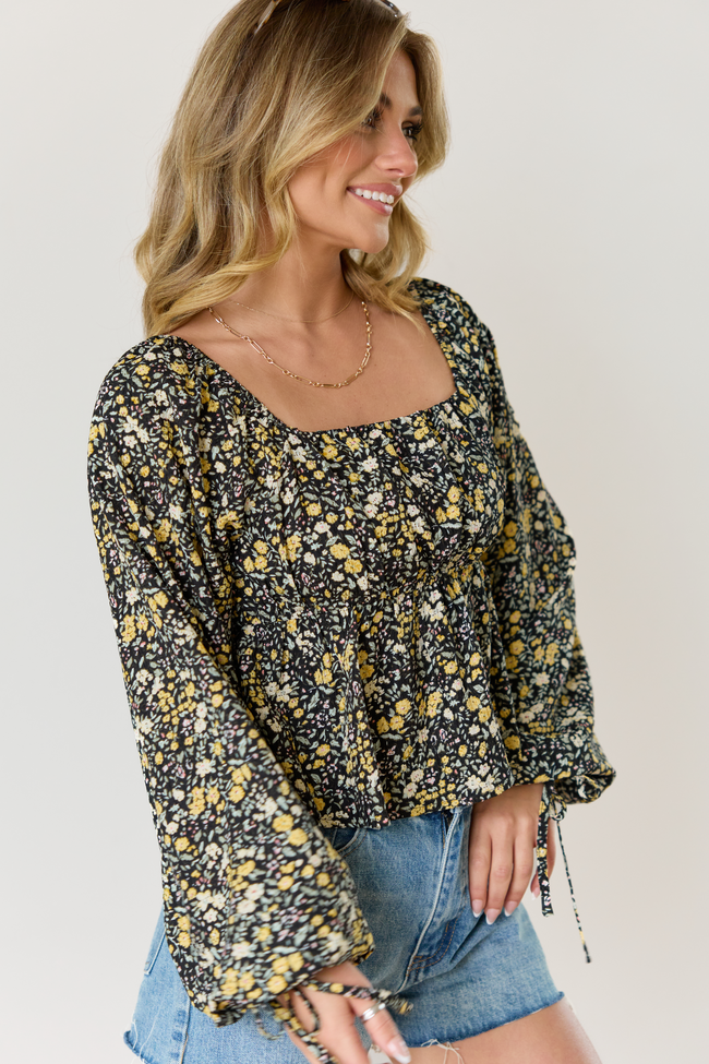 Evelina Black And Yellow Floral Ruched Babydoll Top