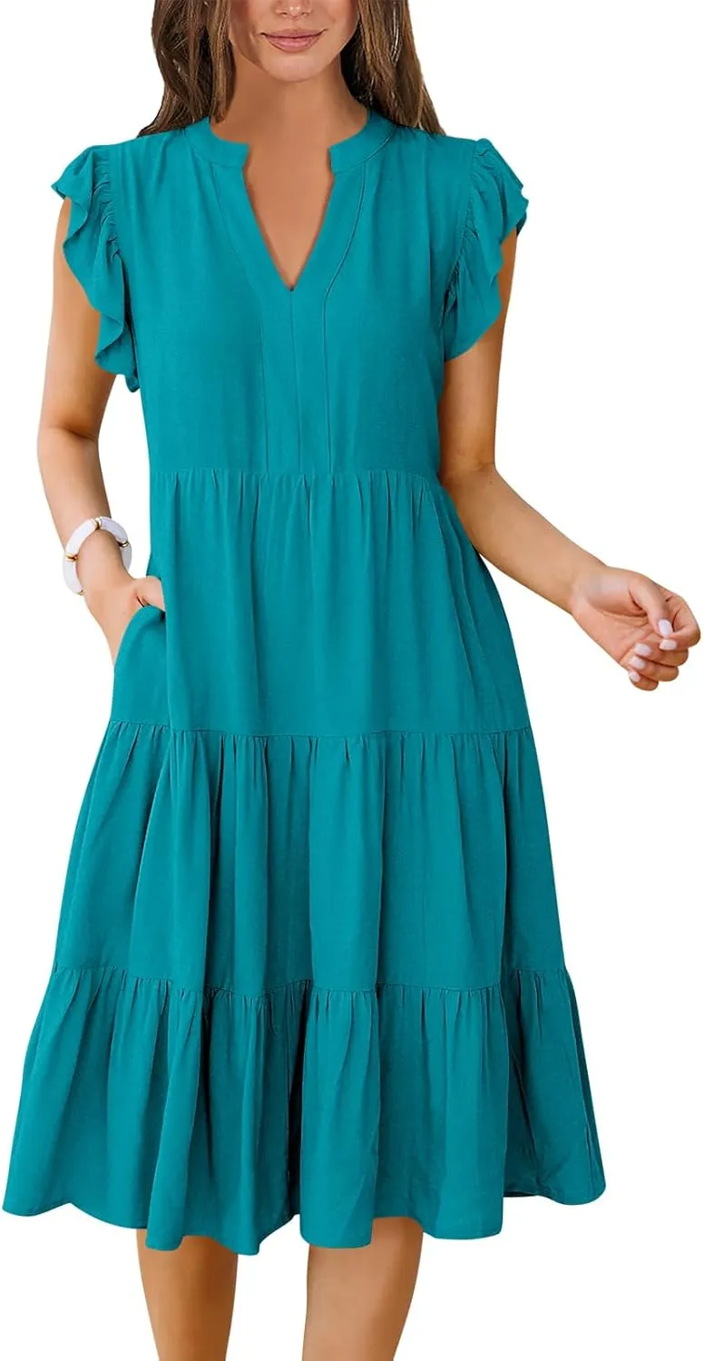 Women's Ruffle Sleeve V-Neck Tiered Midi Dress