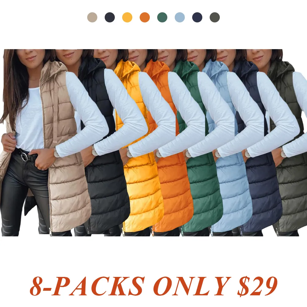 Women Long Vest Solid Color Sleeveless Hood Winter Puffer Vest Outwear