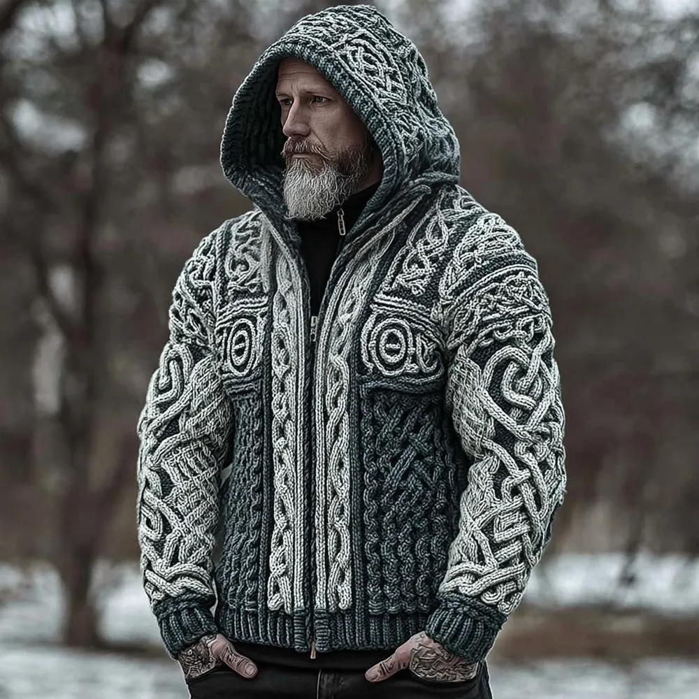 Men's Viking Inspired Celtic Zip Up Knit Hooded Cardigan