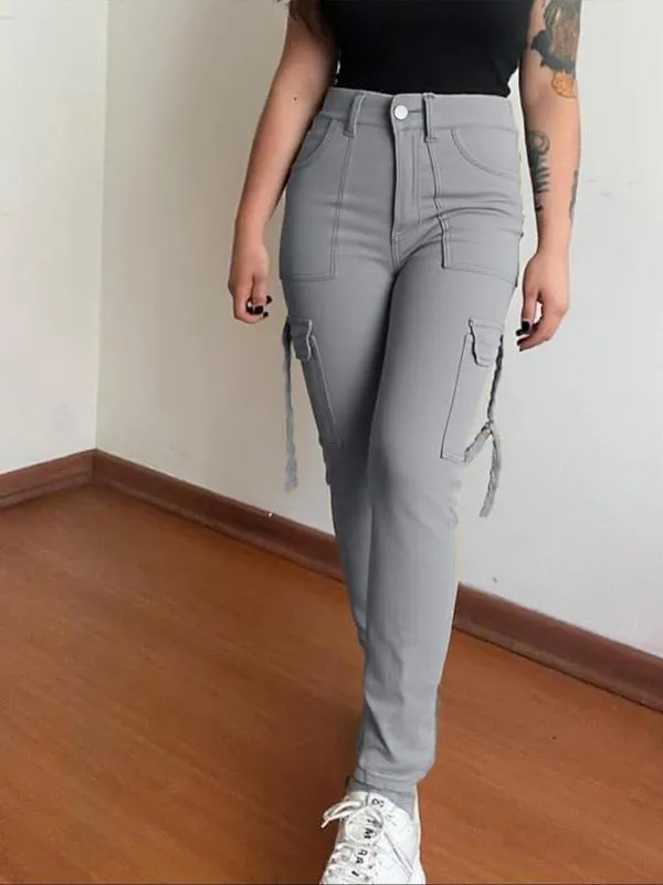 Women's Plain Multi-pocket Denim Cargo Pants