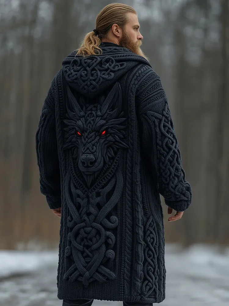 Men's Viking Celtic Knot Wolf Face Knitted Thick Long Hooded Sweater