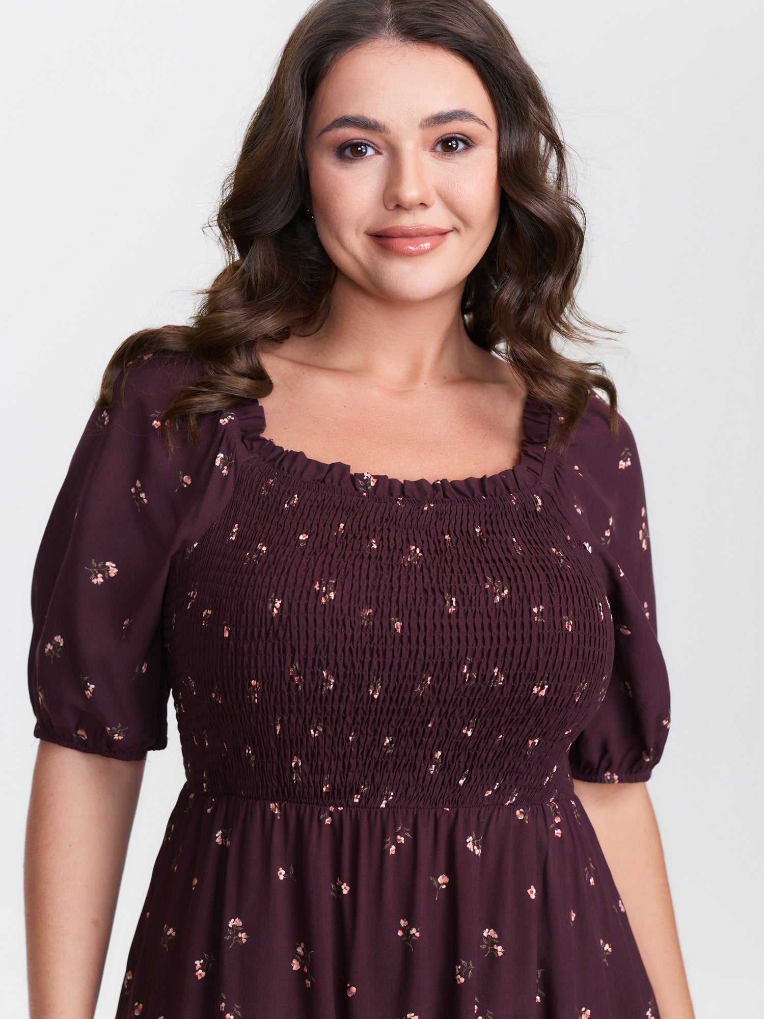 Micro Floral Shirred Bodice Midi Dress