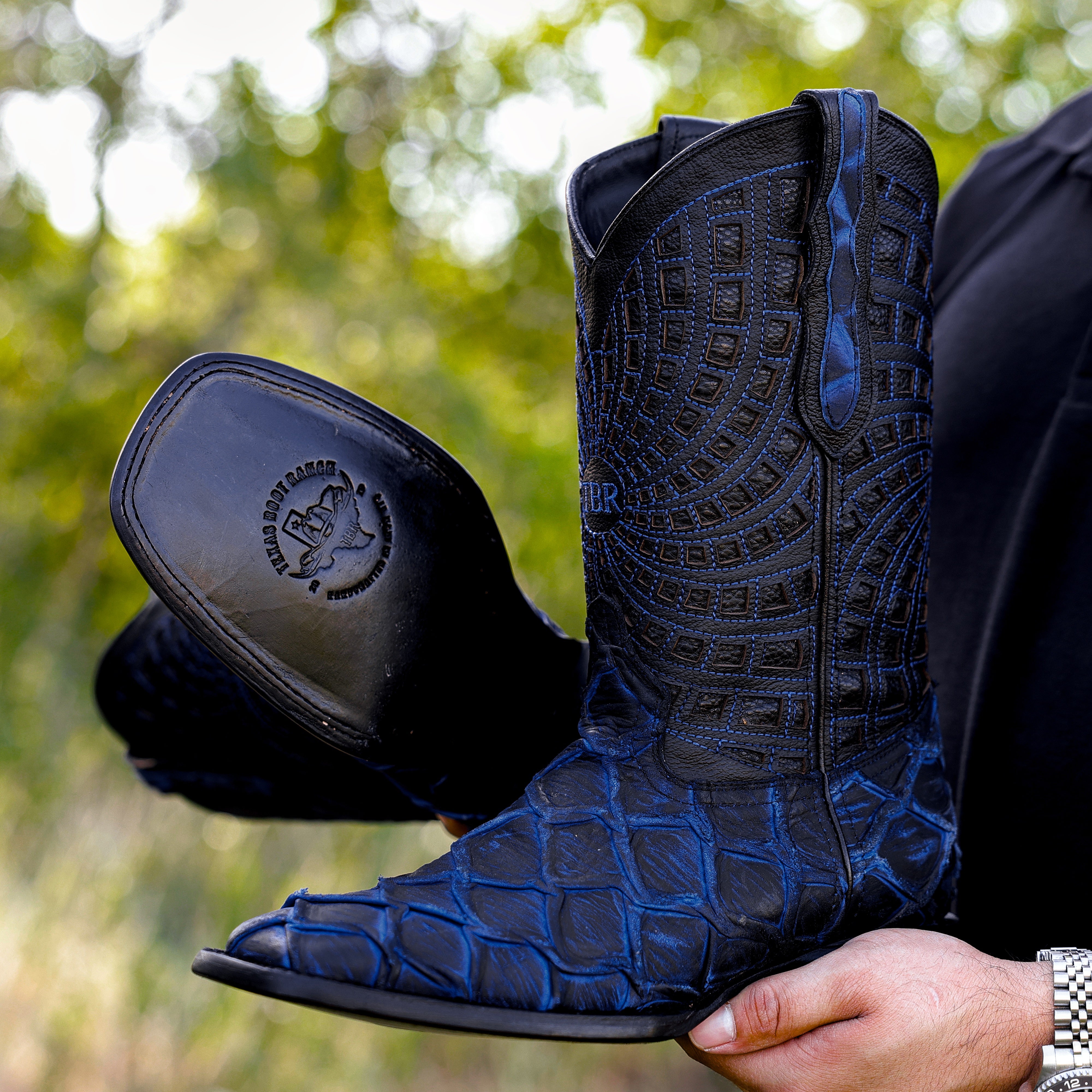 Matte Rustic Electric Blue Pirarucu Leather Boots - Square Toe