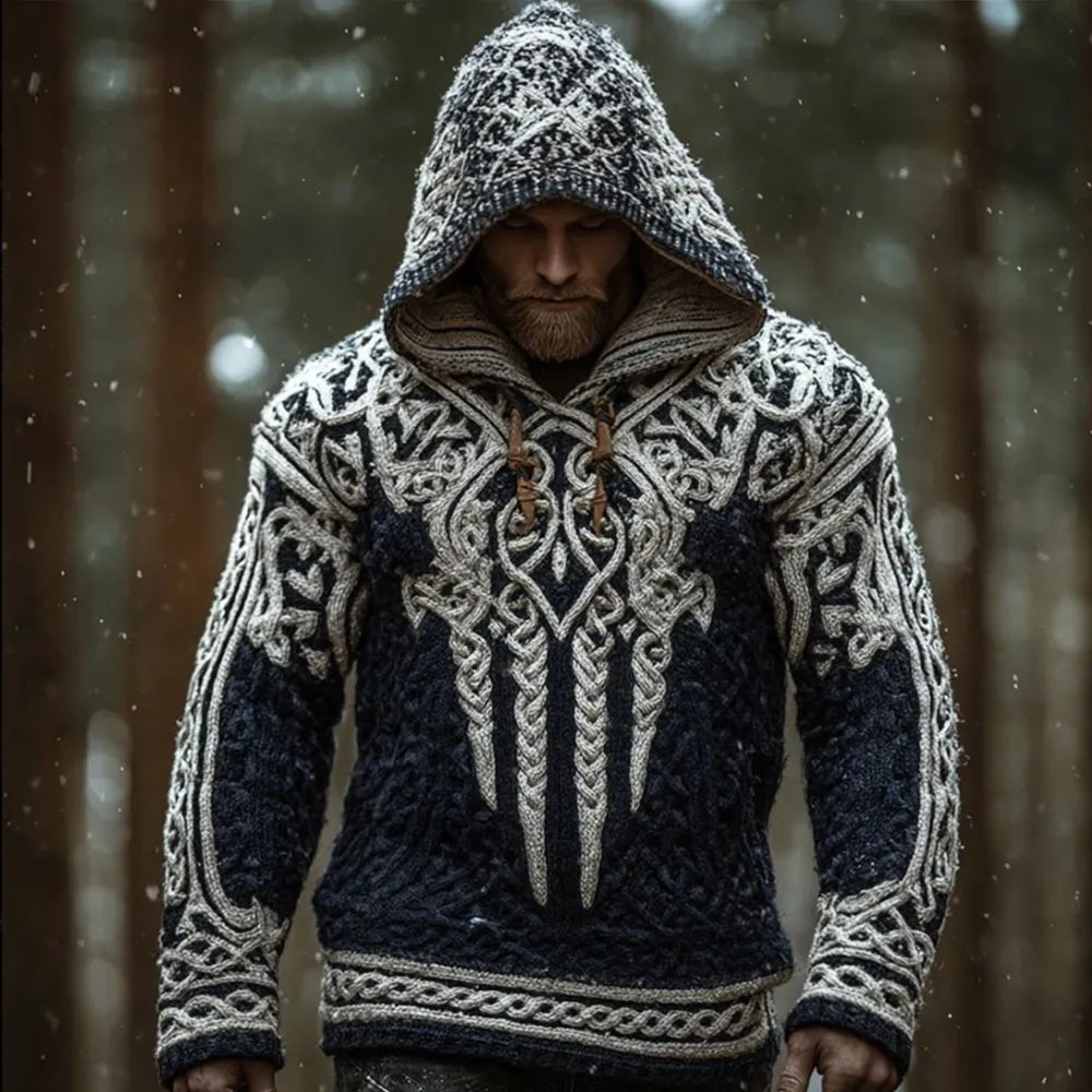 Men's Viking Style Contrasting Thick Needle Hooded Sweater