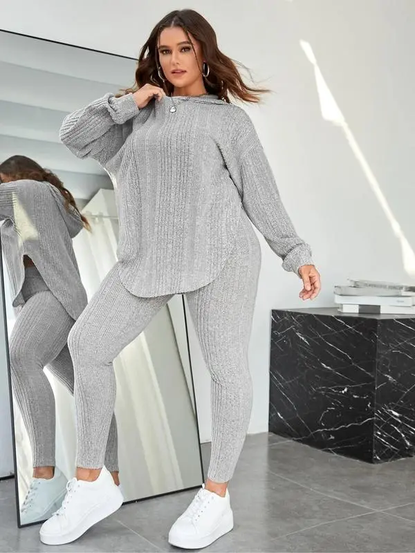 [Plus Size] Plain Split Curved Hem Hoodie & Leggings Lounge Two-piece Set