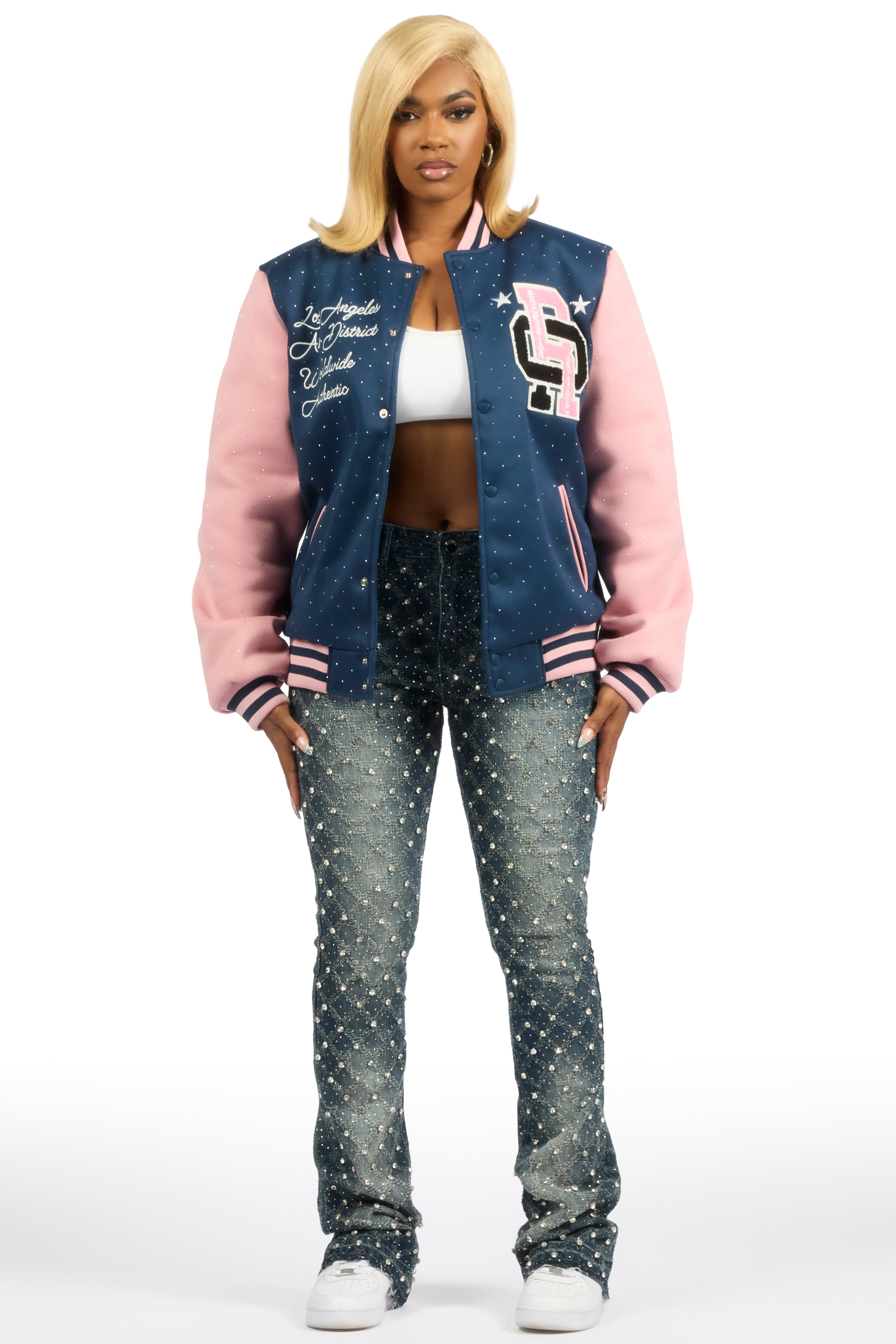 Ranesha Navy/Pink Rhinestone Varsity Jacket