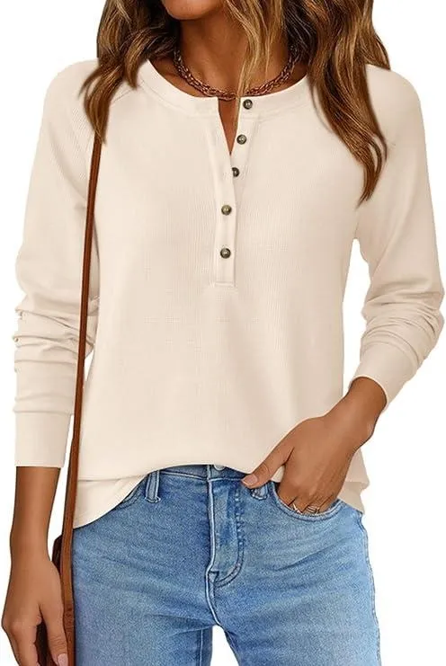 Women's Button Up Waffle Top Long Sleeve Knit Shirts Fall Casual Henley V Neck Tunic Tops