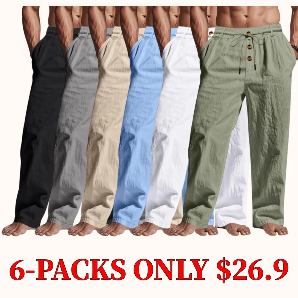 Men's solid color linen trousers with button design