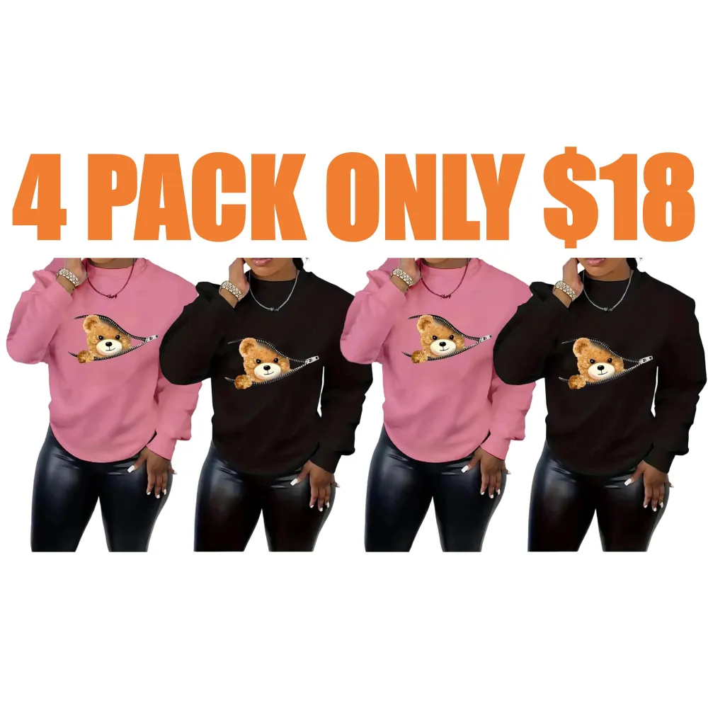 Women's Cartoon Bear Print Drop Shoulder Longsleeves