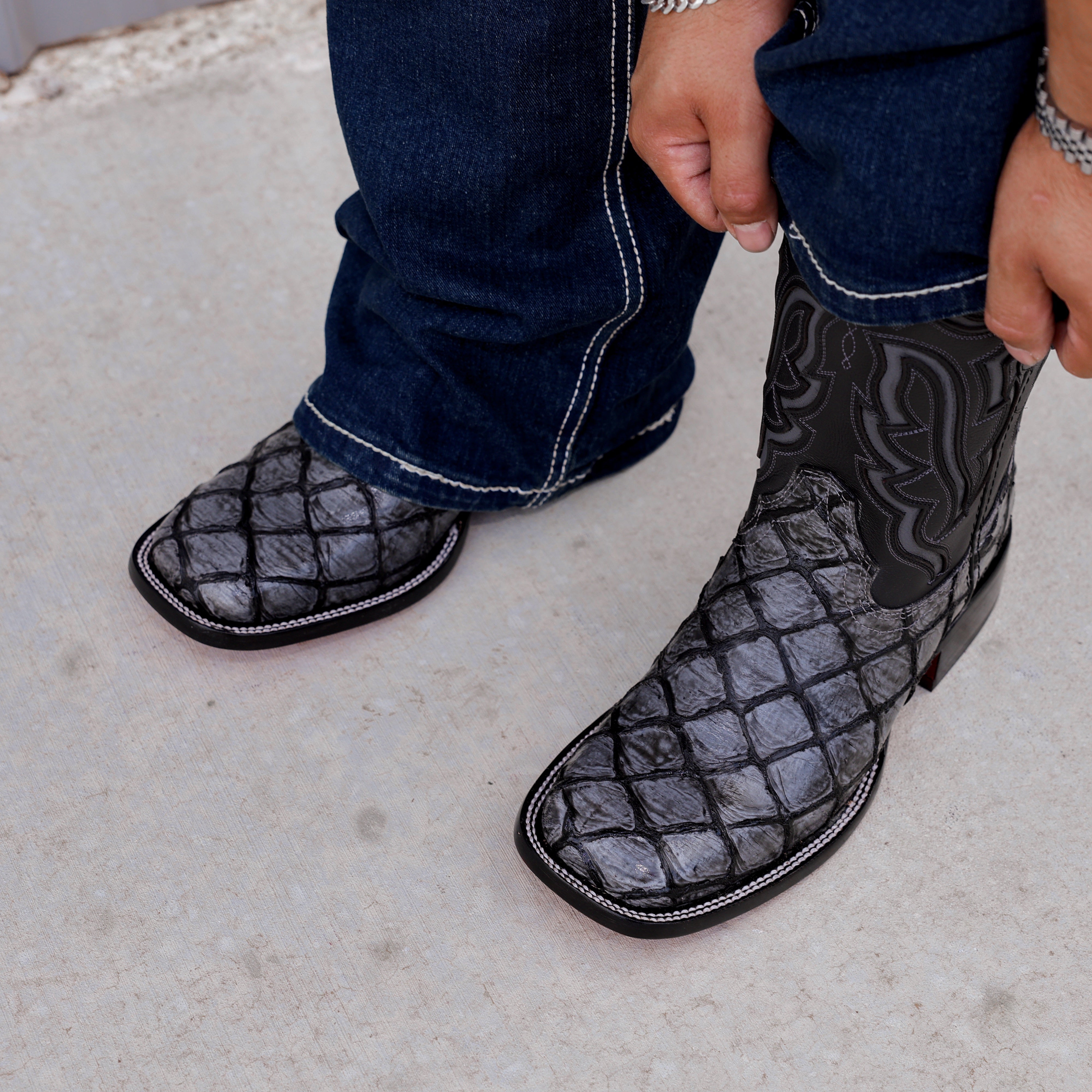 Midnight Grey Pirarucu Leather Boots - Square Toe