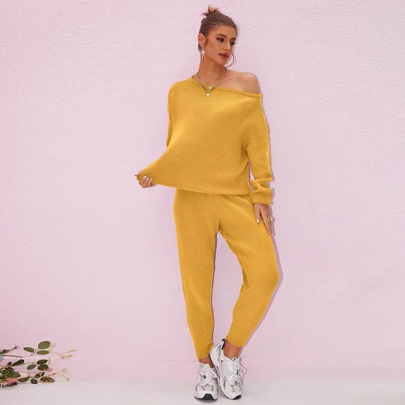 Women's 2025 Fall Winter Knit Set Oversized Sweater & Lounge Pants Matching Sets