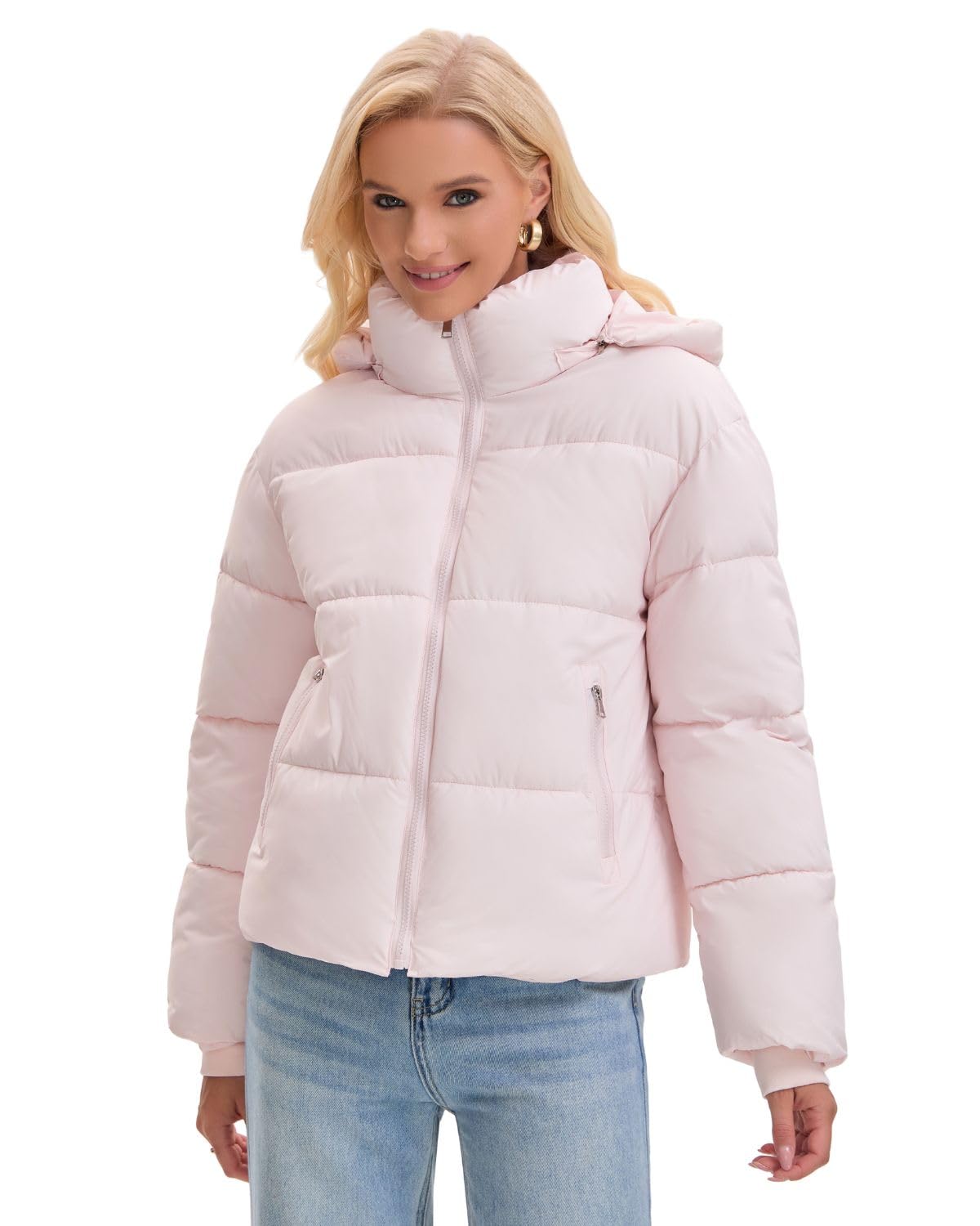 WarmCore Premium Short Puffer Jackets with Removable Hood & Optional Faux Fur Linging, Lady Casual Outerwear Longsleeves Zip Pockets Warm Quilted Coat