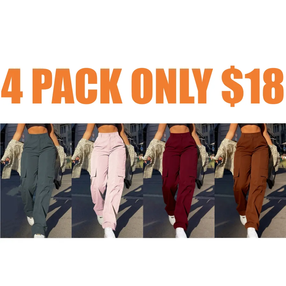 Women's Plain Flap Pocket Button High Waist Cargo Pants