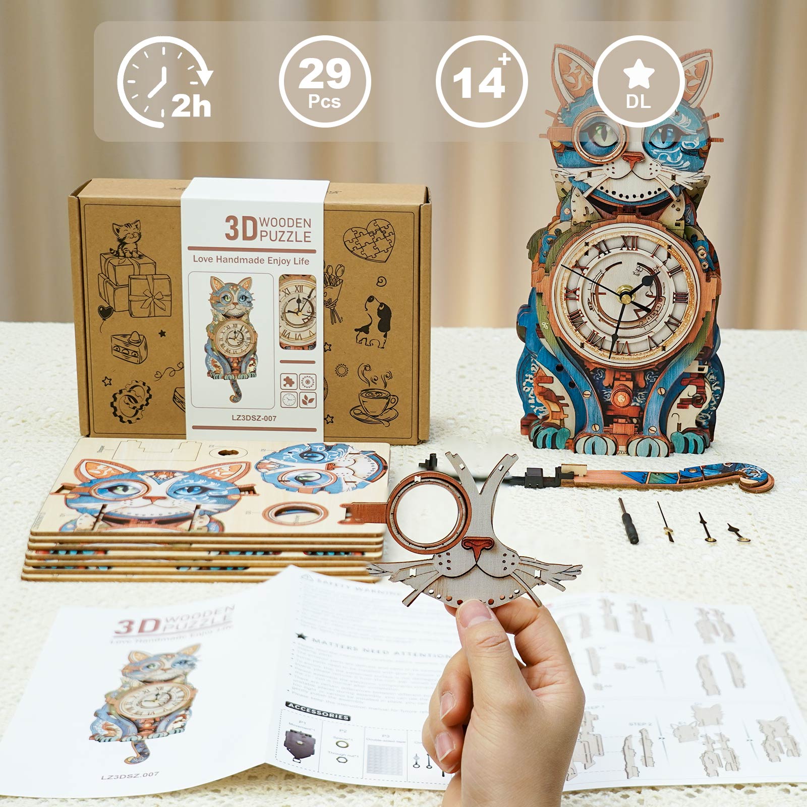 Cat Detective– DIY Wooden Clock, 3D Puzzle Craft Kit