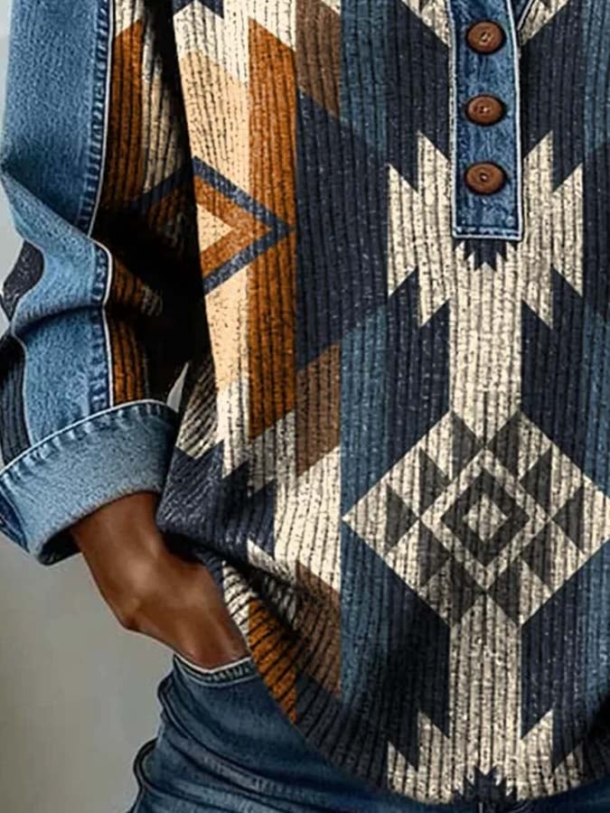 Women'S Casual Color-Block Printed Patchwork Pullover Sweatshirt