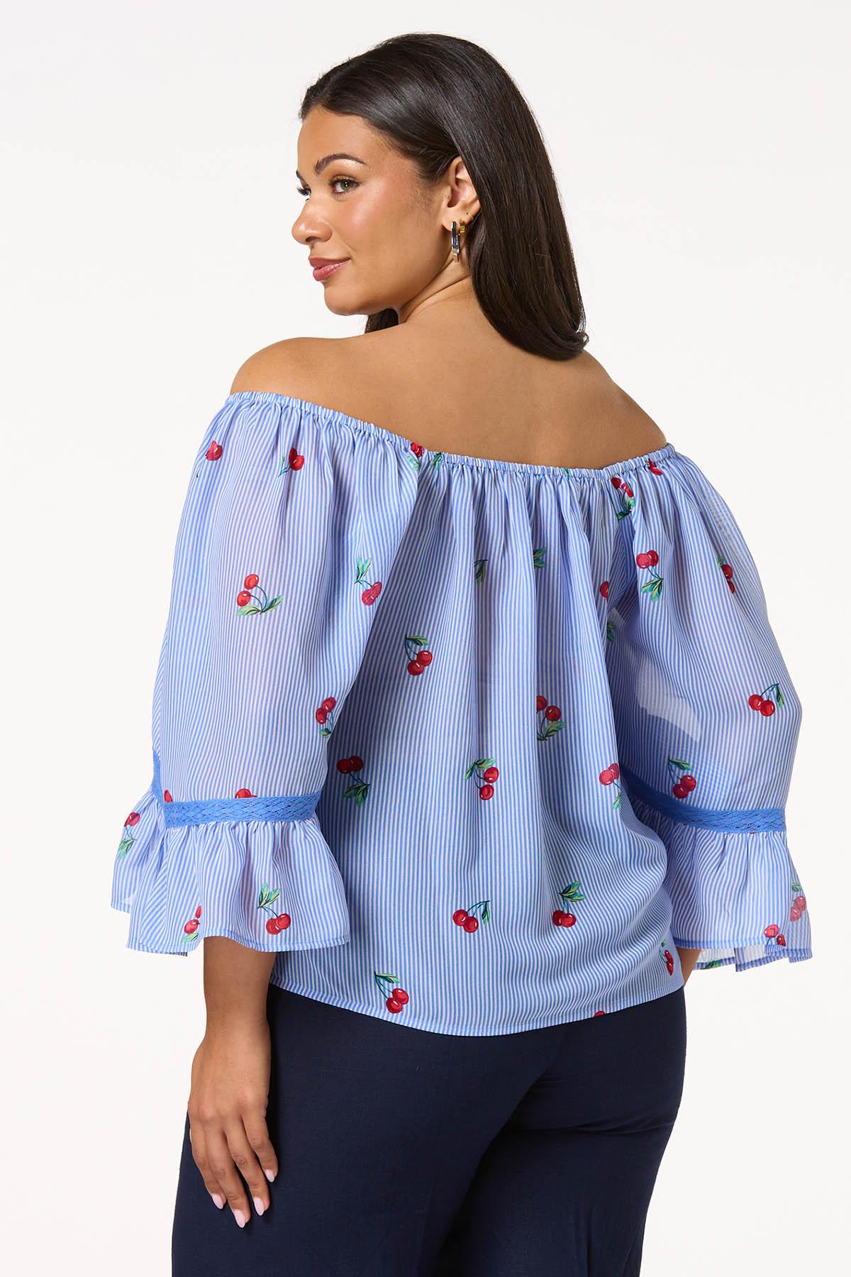 Plus Size Stripe Cherry Off Shoulder Top
