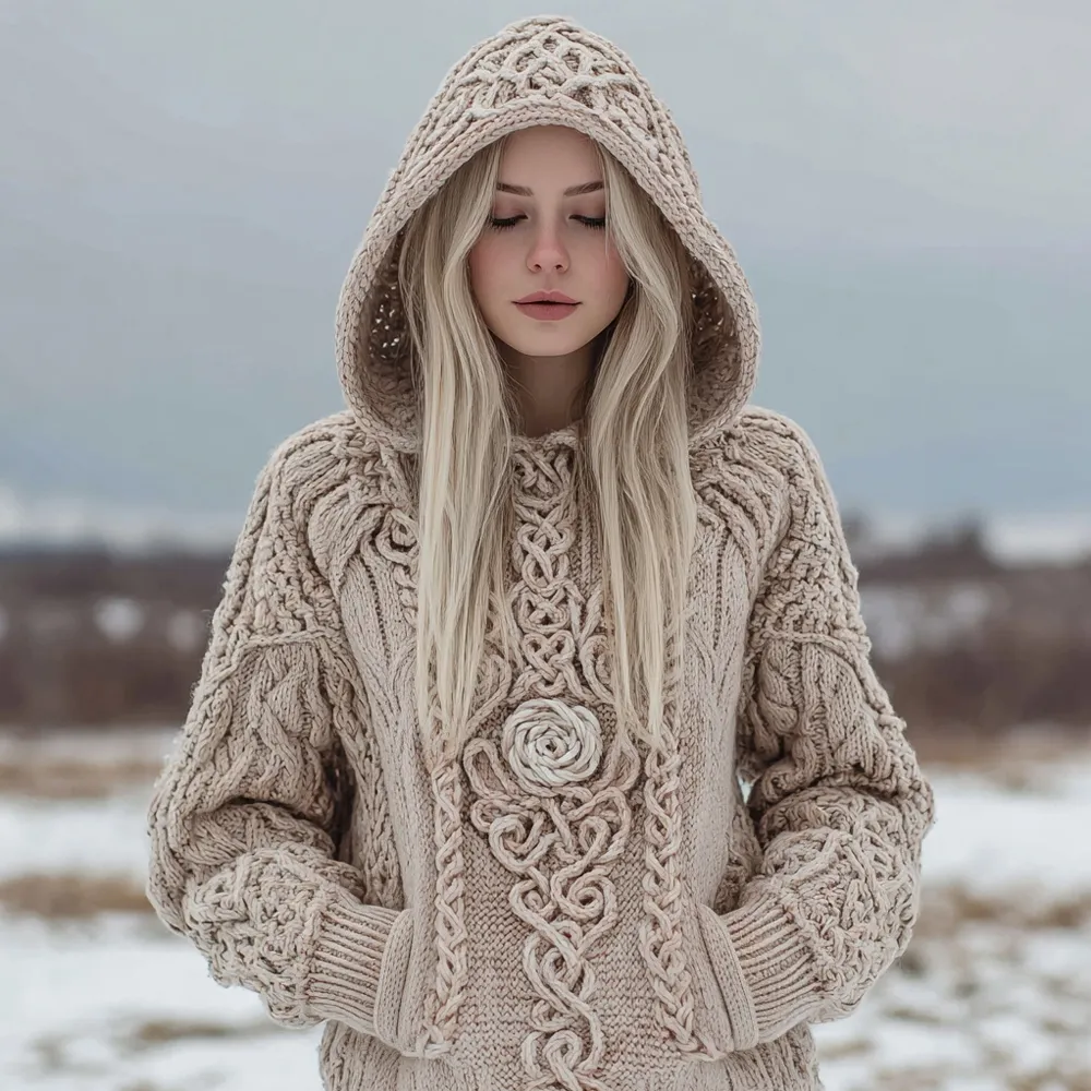 Vintage Viking Inspired Rose Knit Chunky Hooded Sweater