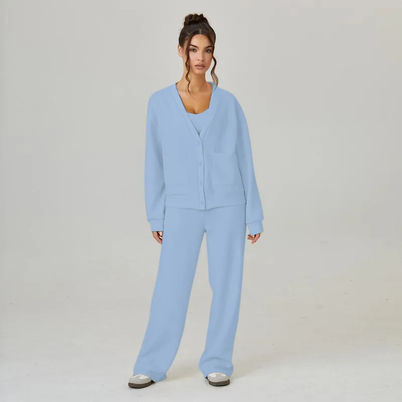 Women's Slouchy Solid Color V Neck Long Sleeve Button Cardigan & Drawstring Waist Trousers Co-ord
