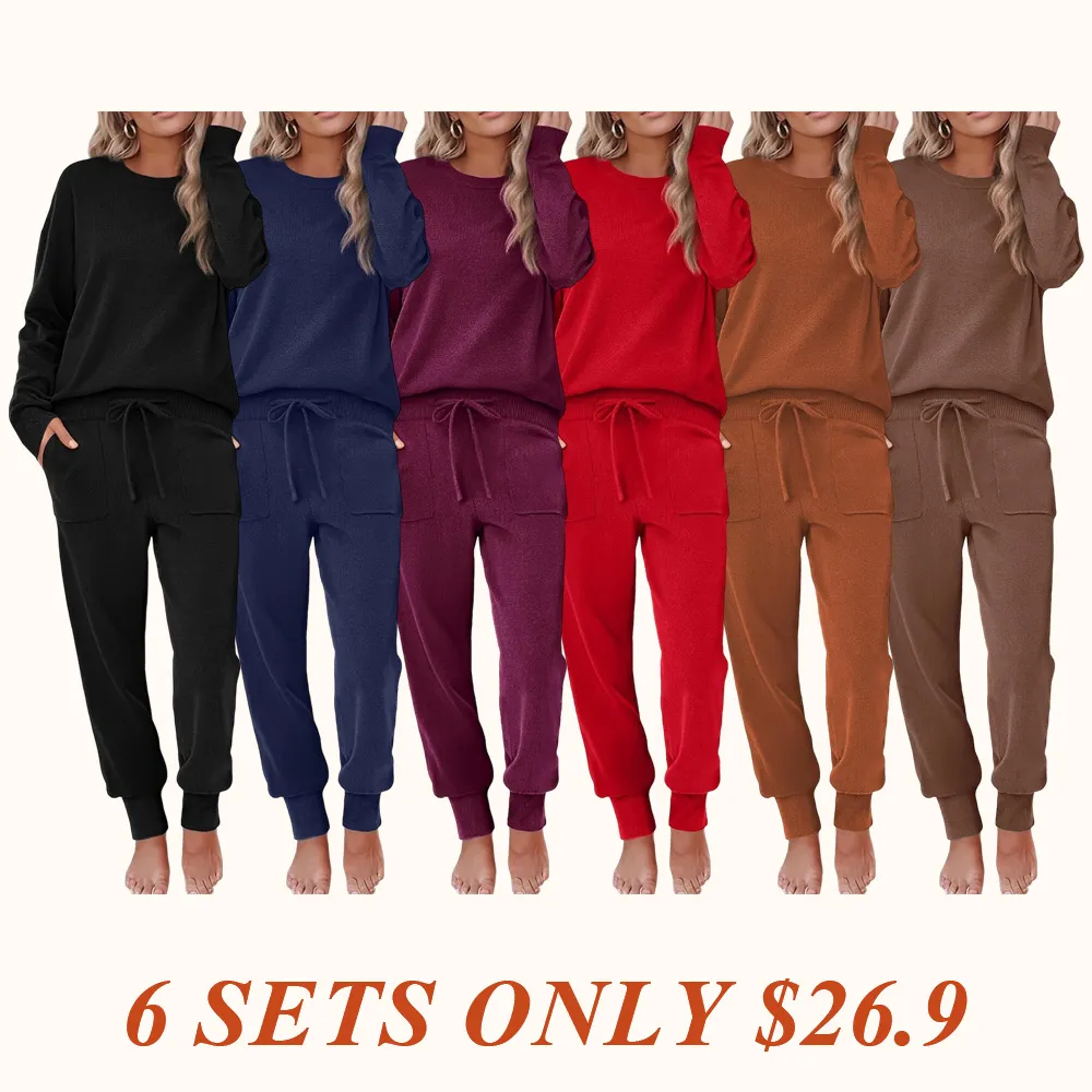 Women's Long Sleeve Knit Loungewear Set Jogger Pants Outfit