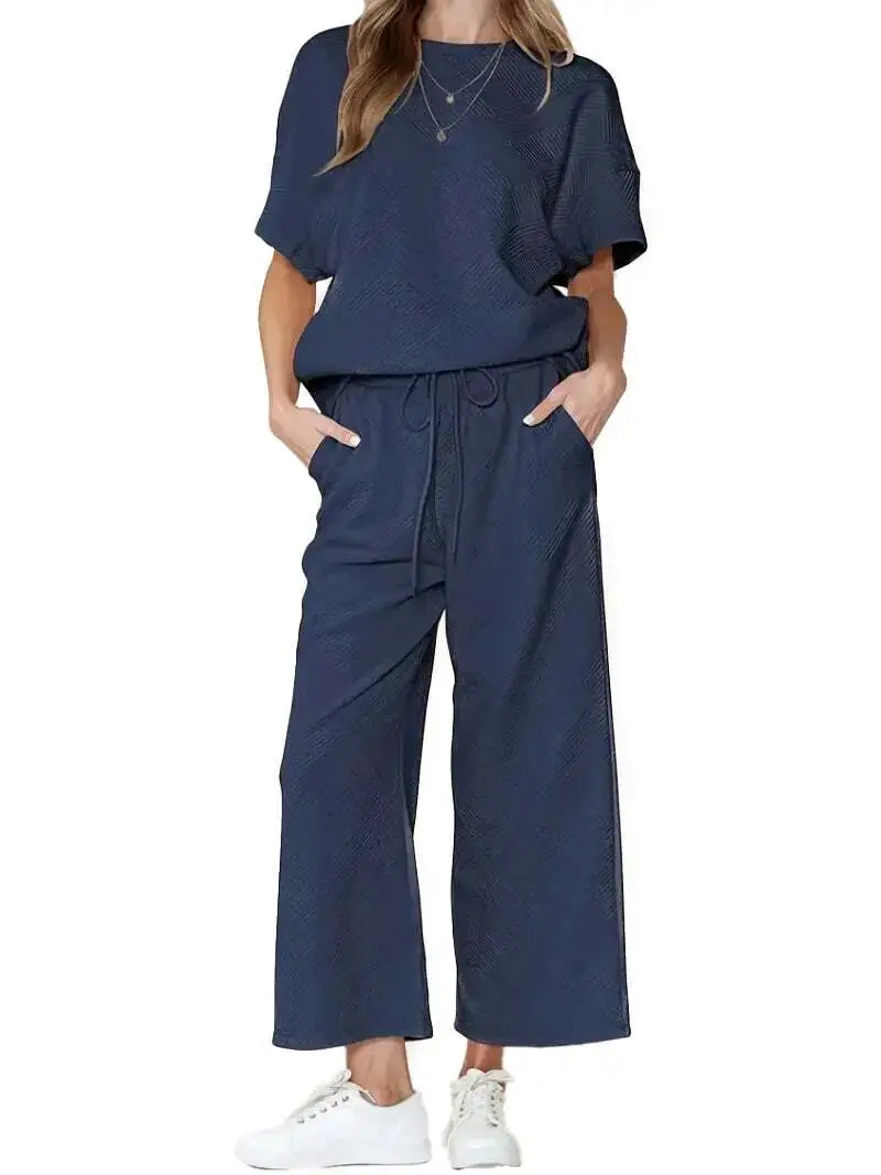 ⏰Women's Textured Loose Fit T Shirt and Drawstring Pants Casual Set