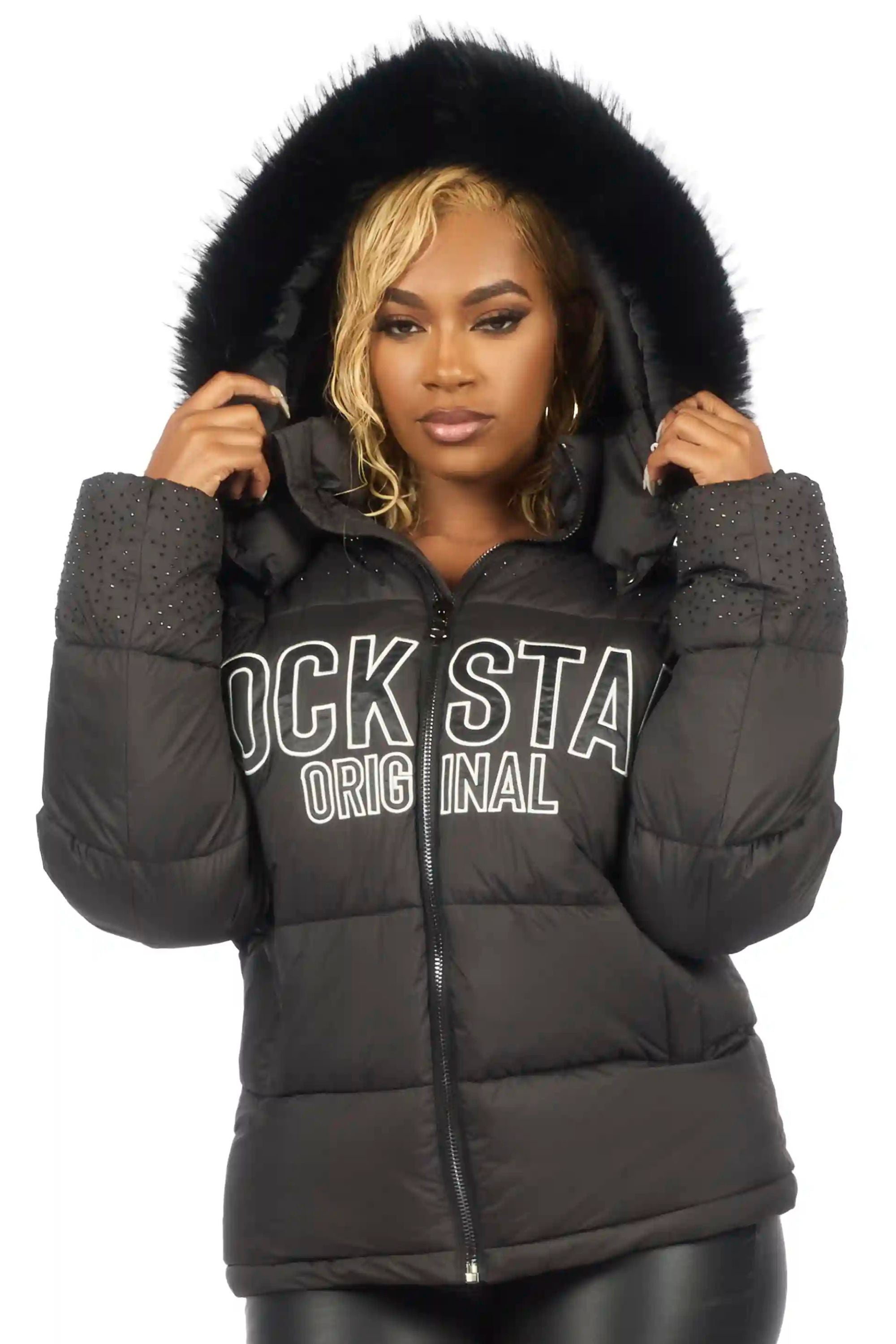 Natia Black Oversized Rhinestone Puffer Jacket