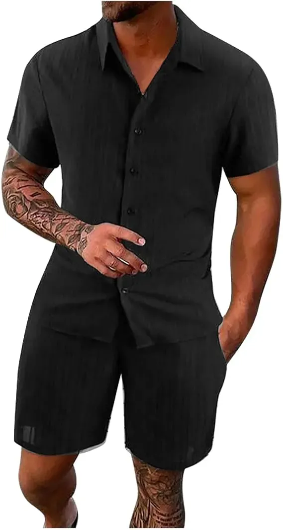 Men'S Solid Textured Short Sleeve Button Front Shirt & Pocket Drawstring Waist Shorts Two-Piece Set, Casual Summer Outfits Clothes Set For Men, Sets For Men Clothing, Menswear,  Summer Outfits Set