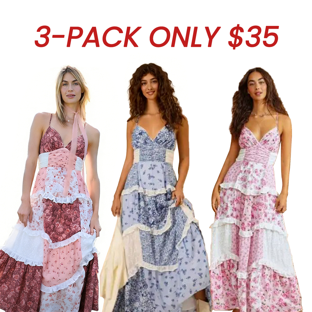 ⚡Today Only Deal🔥Women's Lace Patchwork Puff Short Halter Smocked Tiered Dress