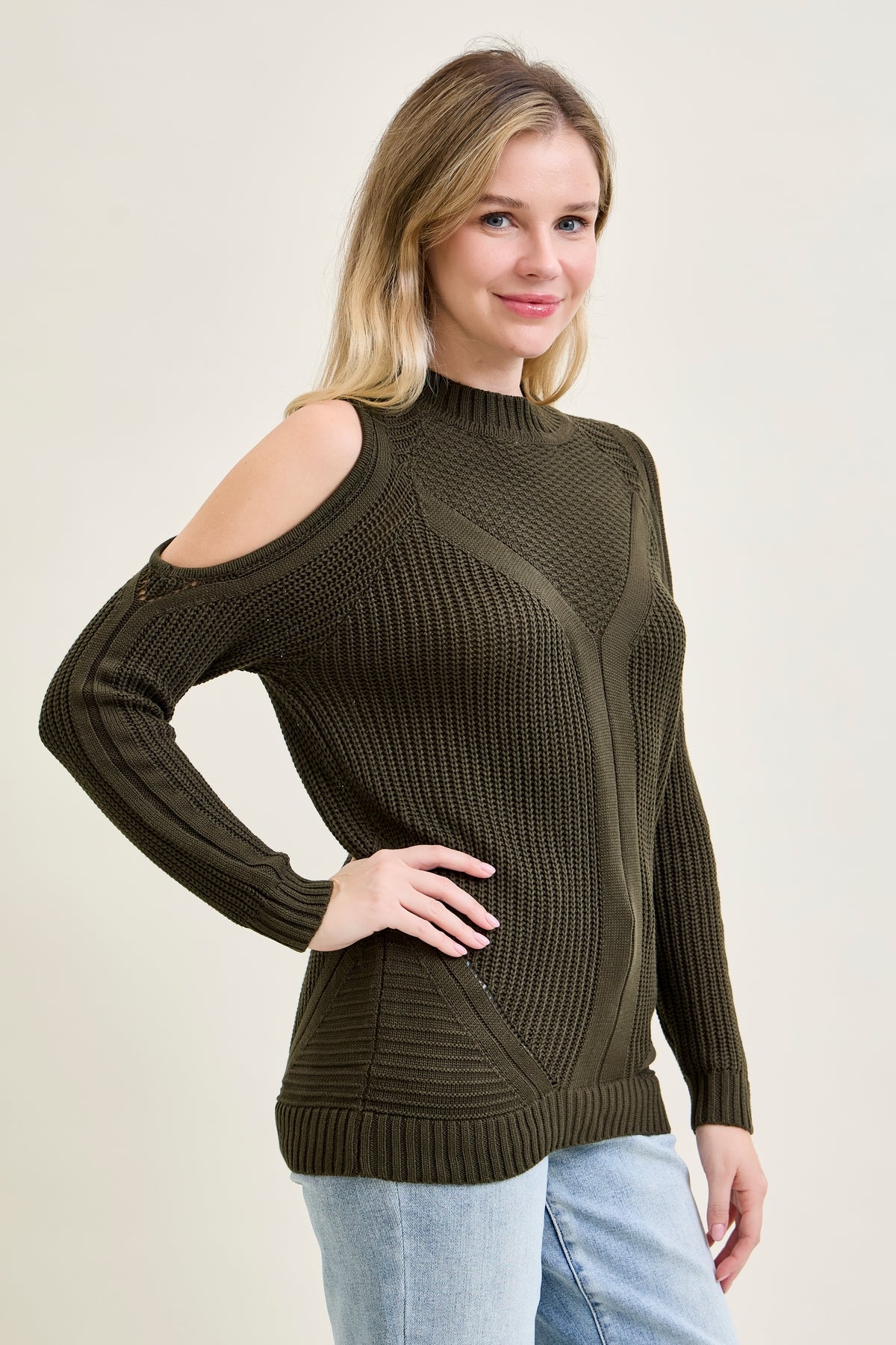 Cold Shoulder Cable Pullover Green Sweater