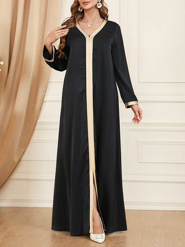 Belted Muslim Printed Split-Front Long Sleeves V-Neck Two Pieces Set Maxi Dresses