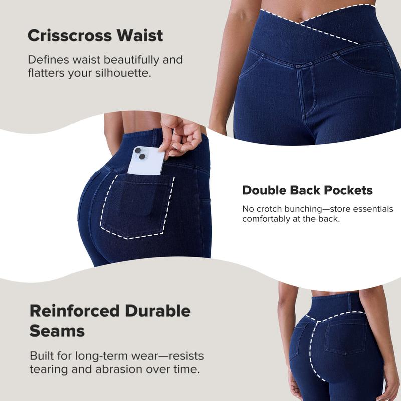 🔥Women’s High-Waisted Bootcut Flare Jeans – Crossover Waist, Stretch Denim & Back Pockets