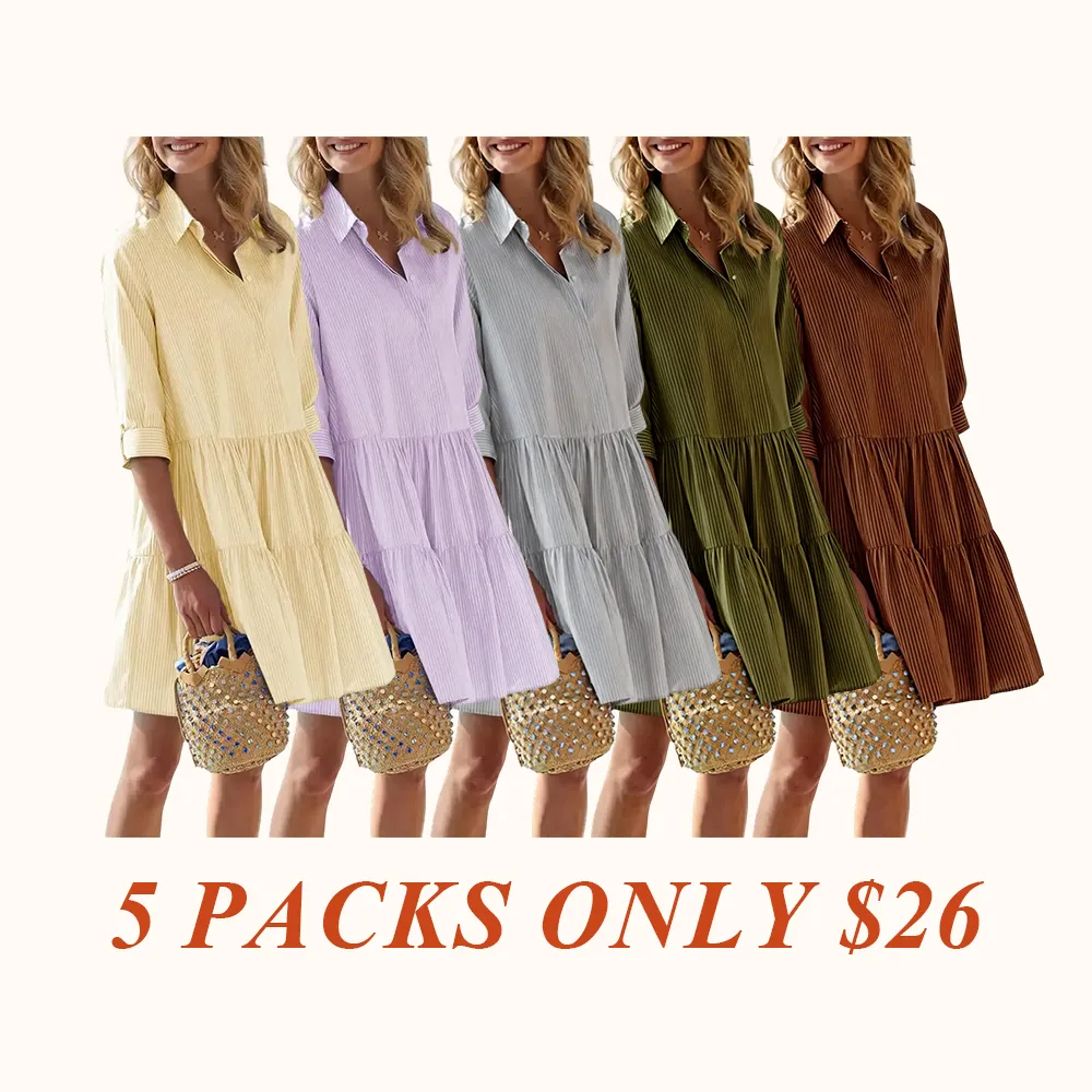 Women's Summer Striped Shirt Dress Half-Button Mini Cake Dress Loose Casual Rolled-Sleeve