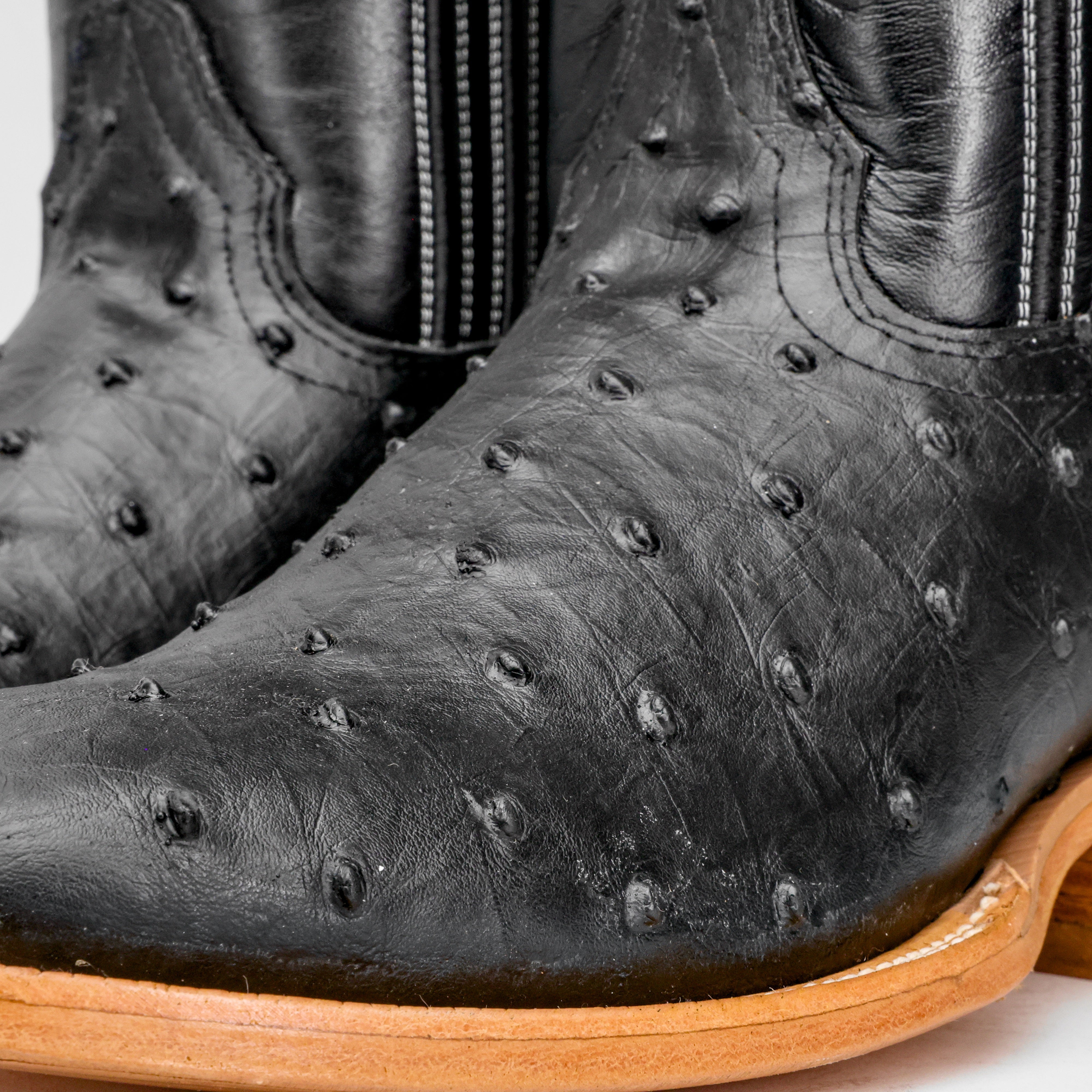 Black Ostrich Leather Boots - Square Toe