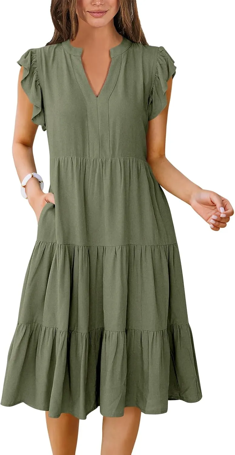 Women's Ruffle Sleeve V-Neck Tiered Midi Dress