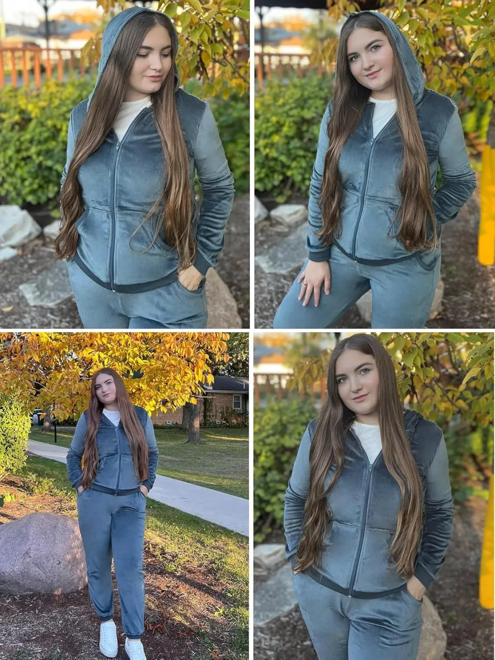 Women's Casual Velour Tracksuit Set Full Zipper Hoodie
