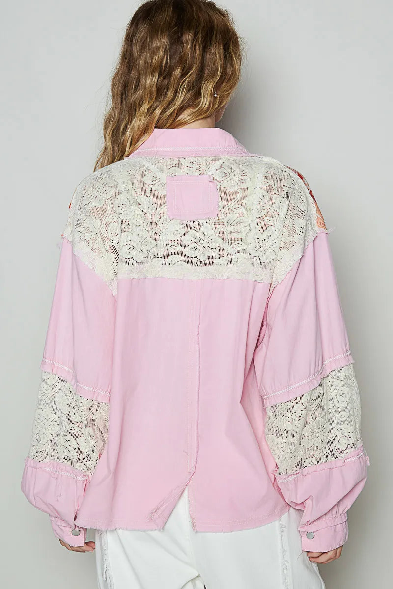 Printed Woven Mix Raw Hem Jacket with Lace Detail