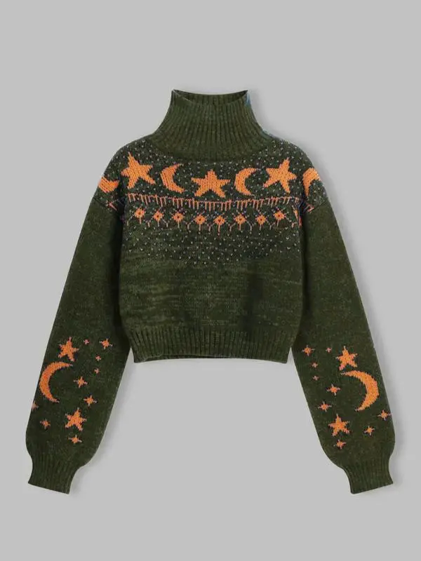 Women's Moon & Star Pattern High Neck Sweater