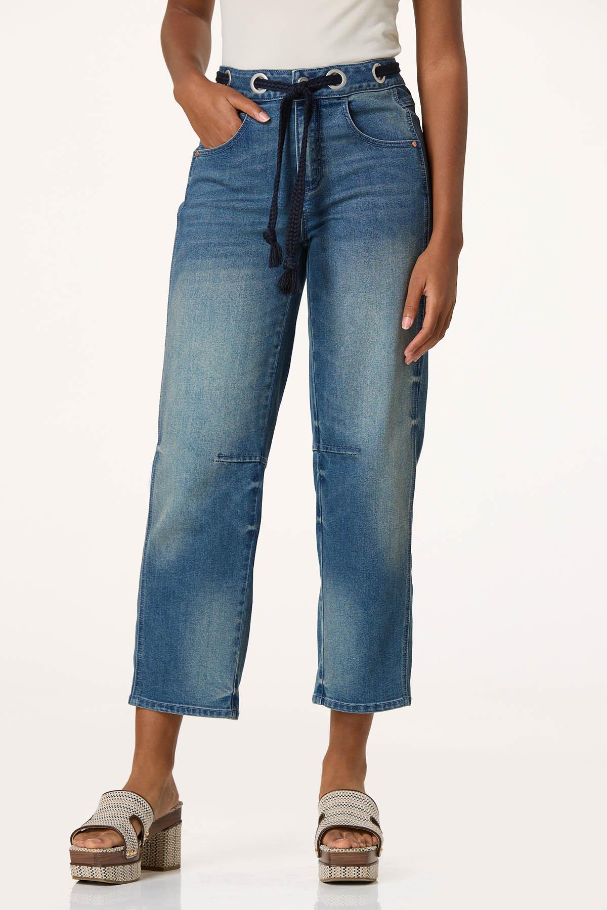 Rope Belt Barrel Leg Jeans