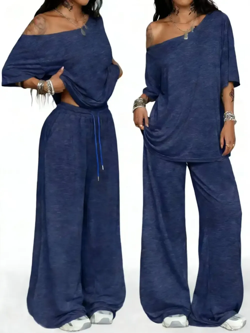 Women's Casual Solid Color Sport Two-Piece Set, Loose Long Pants & Wide Leg Slant Neck Pant Suit