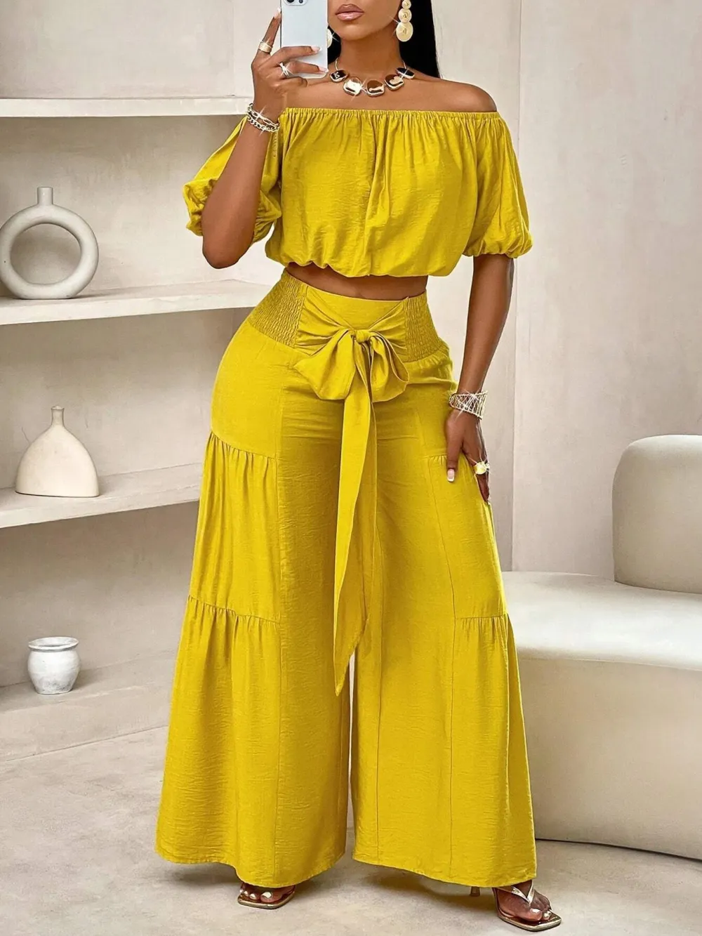 Women's Solid Color Top & Wide Leg Pants Set, Casual Off Shoulder Top & Palazzo Pants for Summer